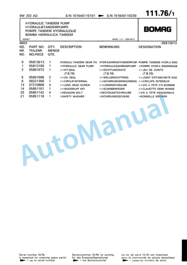 Bomag BW 202 AD Tandem Vibratory Roller Spare Parts Catalogue 00810086 4 Bomag BW 202 AD Tandem Vibratory Roller Spare Parts Catalogue 00810086-4
