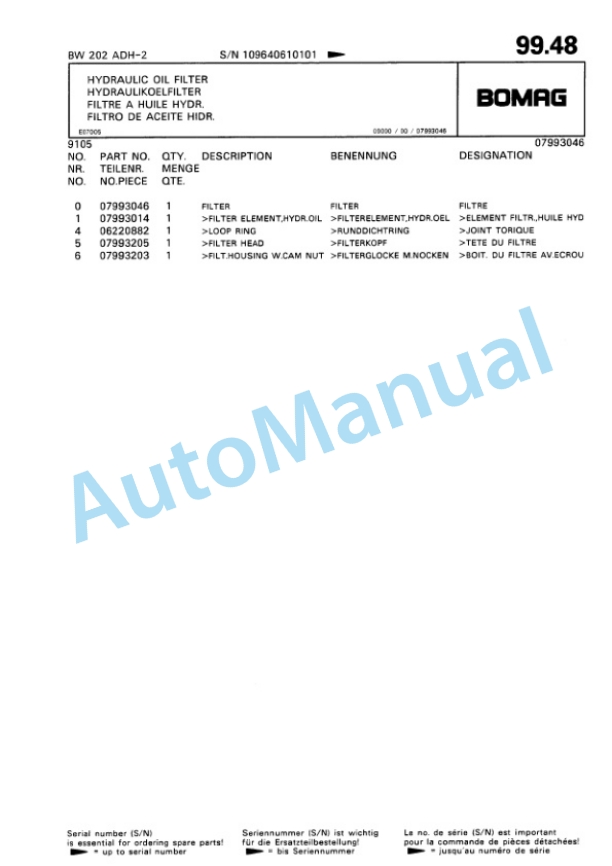 Bomag BW 202 ADH-2 Tandem Vibratory Roller Spare Parts Catalogue 00810961-4