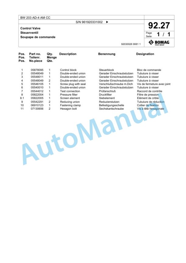 Bomag BW 203 AD-4 AM CC Tandem Vibratory Roller Spare Parts Catalogue 00825089 3 Bomag BW 203 AD-4 AM CC Tandem Vibratory Roller Spare Parts Catalogue 00825089-3