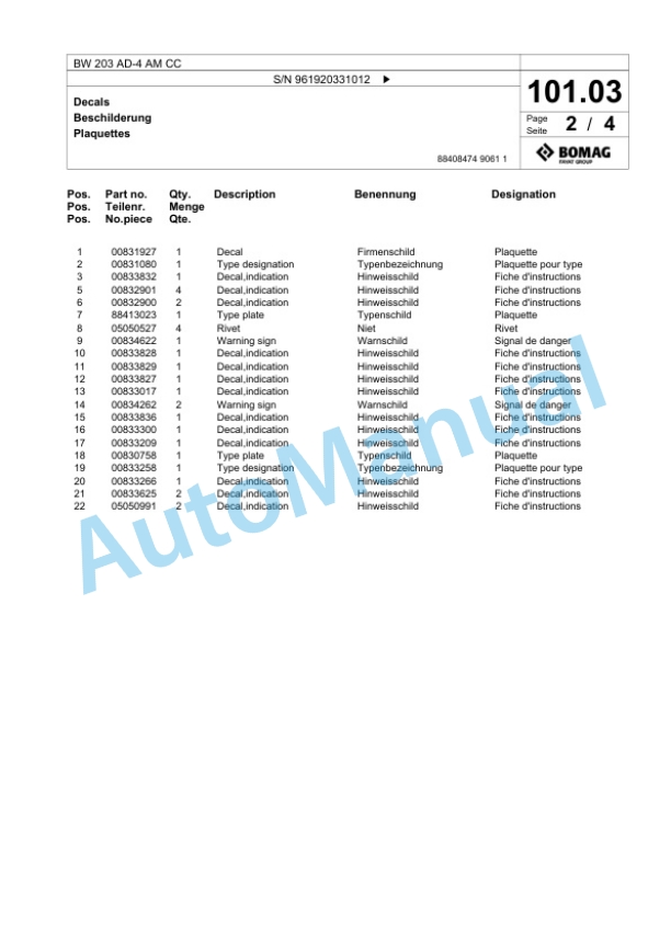 Bomag BW 203 AD-4 AM CC Tandem Vibratory Roller Spare Parts Catalogue 00825089 4 Bomag BW 203 AD-4 AM CC Tandem Vibratory Roller Spare Parts Catalogue 00825089-4