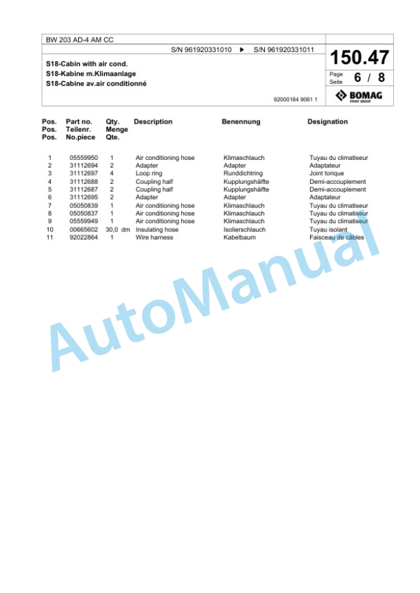 Bomag BW 203 AD-4 AM CC Tandem Vibratory Roller Spare Parts Catalogue 00825089 5 Bomag BW 203 AD-4 AM CC Tandem Vibratory Roller Spare Parts Catalogue 00825089-5