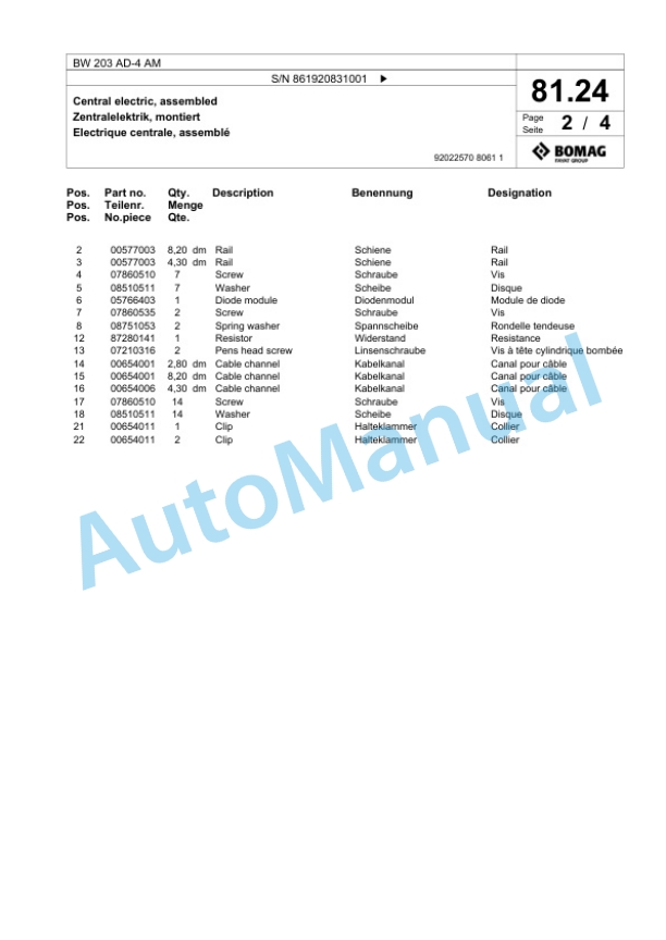 Bomag BW 203 AD-4 AM Tandem Vibratory Roller Spare Parts Catalogue 00825067 3 Bomag BW 203 AD-4 AM Tandem Vibratory Roller Spare Parts Catalogue 00825067-3