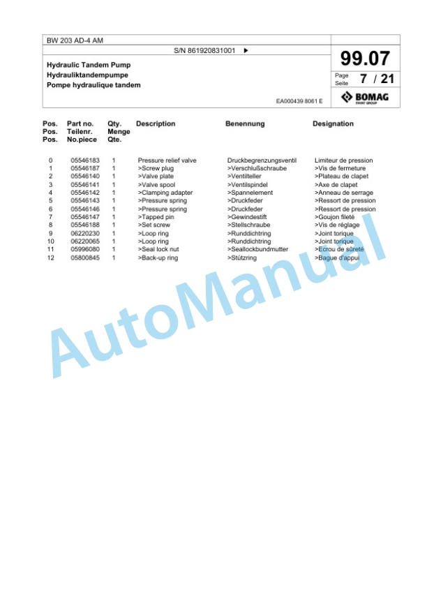 Bomag BW 203 AD-4 AM Tandem Vibratory Roller Spare Parts Catalogue 00825067 5 Bomag BW 203 AD-4 AM Tandem Vibratory Roller Spare Parts Catalogue 00825067-5