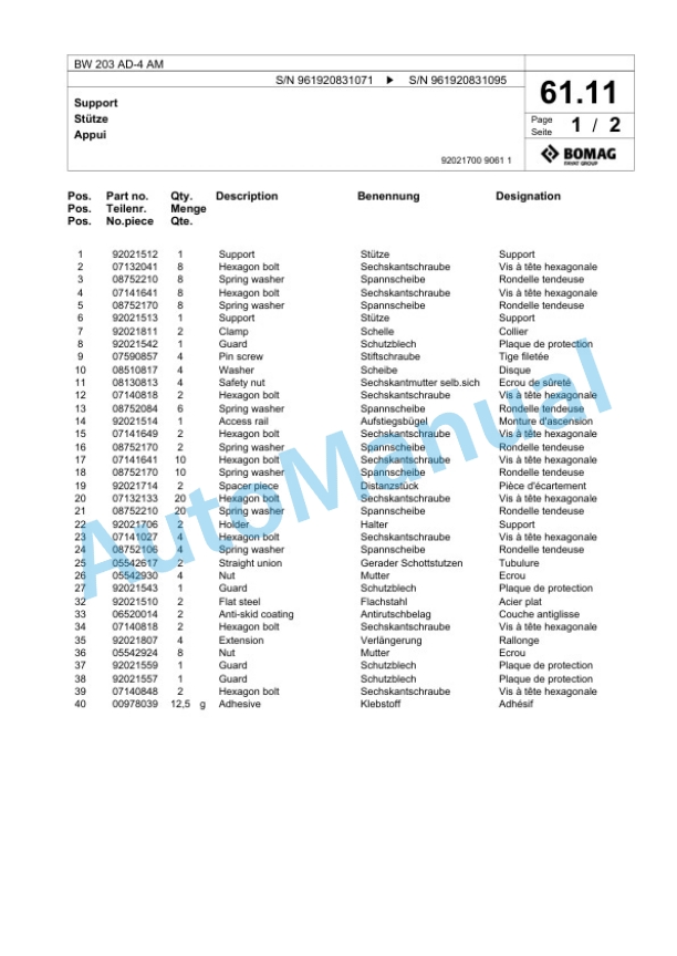 Bomag BW 203 AD-4 AM Tandem Vibratory Roller Spare Parts Catalogue 00826237 2 Bomag BW 203 AD-4 AM Tandem Vibratory Roller Spare Parts Catalogue 00826237-2
