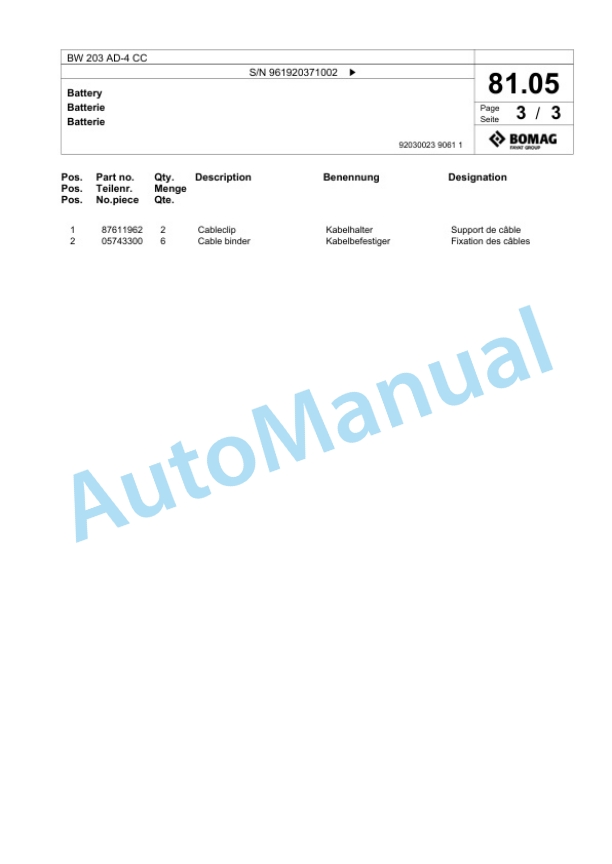 Bomag BW 203 AD-4 CC Tandem Vibratory Roller Spare Parts Catalogue 00826235 2 Bomag BW 203 AD-4 CC Tandem Vibratory Roller Spare Parts Catalogue 00826235-2
