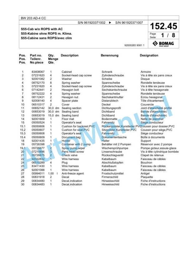 Bomag BW 203 AD-4 CC Tandem Vibratory Roller Spare Parts Catalogue 00826235 5 Bomag BW 203 AD-4 CC Tandem Vibratory Roller Spare Parts Catalogue 00826235-5