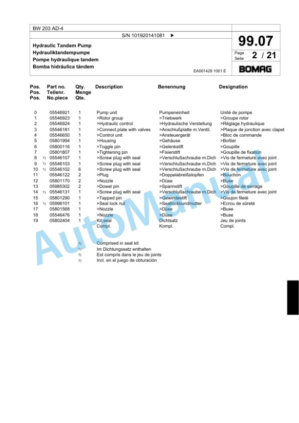 Bomag BW 203 AD-4 Tandem Vibratory Roller Spare Parts Catalogue 00824007 3 Bomag BW 203 AD-4 Tandem Vibratory Roller Spare Parts Catalogue 00824007-3