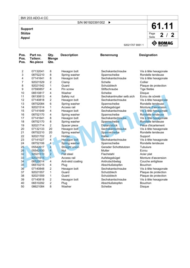 Bomag BW 203 ADO-4 CC Tandem Vibratory Roller Spare Parts Catalogue 00825205 2 Bomag BW 203 ADO-4 CC Tandem Vibratory Roller Spare Parts Catalogue 00825205-2