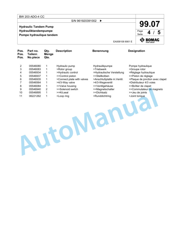 Bomag BW 203 ADO-4 CC Tandem Vibratory Roller Spare Parts Catalogue 00825205 3 Bomag BW 203 ADO-4 CC Tandem Vibratory Roller Spare Parts Catalogue 00825205-3