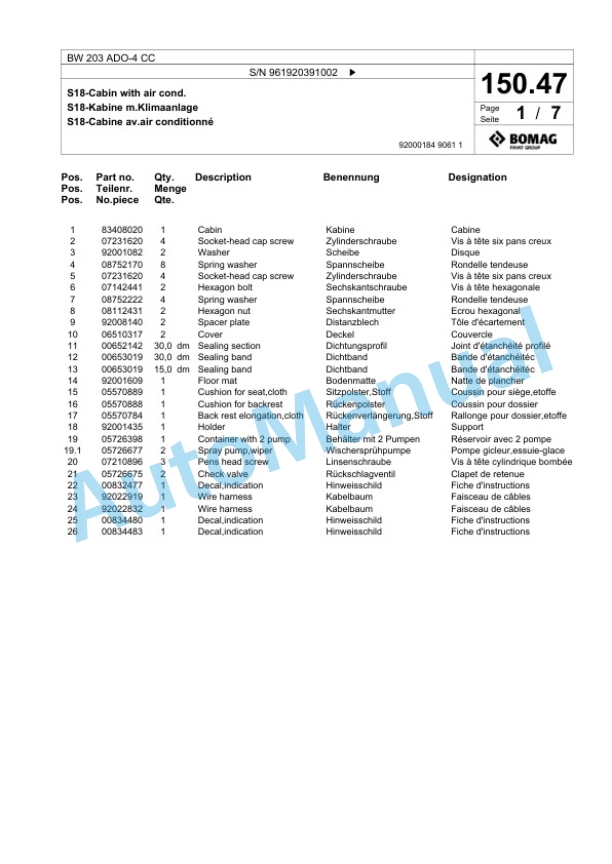 Bomag BW 203 ADO-4 CC Tandem Vibratory Roller Spare Parts Catalogue 00825205 4 Bomag BW 203 ADO-4 CC Tandem Vibratory Roller Spare Parts Catalogue 00825205-4