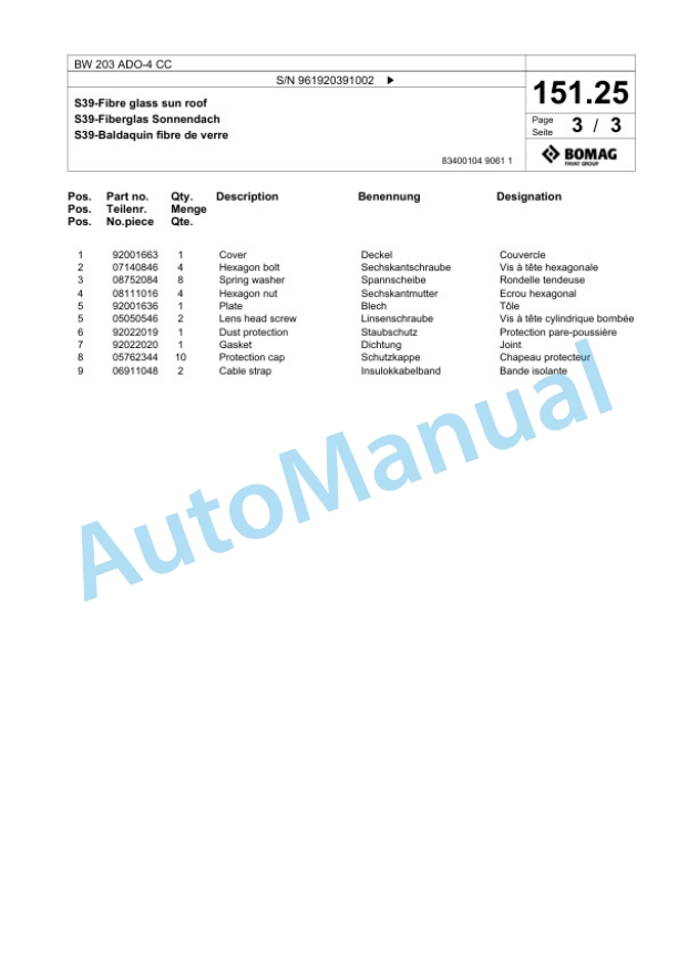 Bomag BW 203 ADO-4 CC Tandem Vibratory Roller Spare Parts Catalogue 00825205 5 Bomag BW 203 ADO-4 CC Tandem Vibratory Roller Spare Parts Catalogue 00825205-5