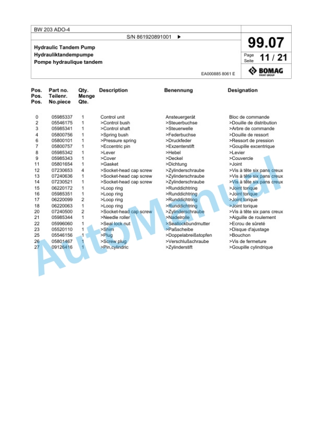 Bomag BW 203 ADO-4 Tandem Vibratory Roller Spare Parts Catalogue 00825049 3 Bomag BW 203 ADO-4 Tandem Vibratory Roller Spare Parts Catalogue 00825049-3