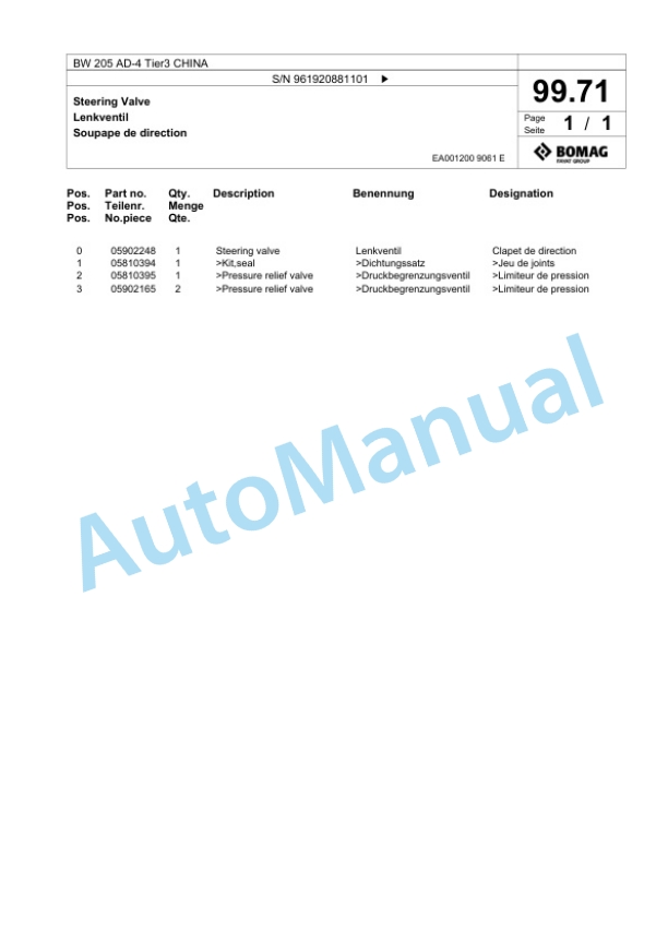 Bomag BW 205 AD-4 Tier3 CHINA Tandem Vibratory Roller Spare Parts Catalogue 00826245-5