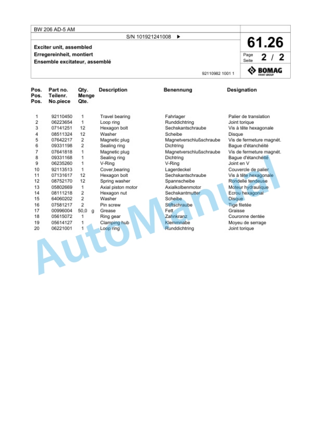 Bomag BW 206 AD-5 AM Tandem Vibratory Roller Spare Parts Catalogue 00824287 2 Bomag BW 206 AD-5 AM Tandem Vibratory Roller Spare Parts Catalogue 00824287-2