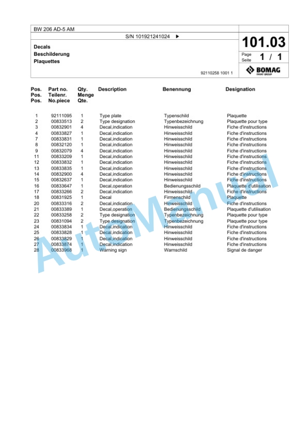 Bomag BW 206 AD-5 AM Tandem Vibratory Roller Spare Parts Catalogue 00824287 4 Bomag BW 206 AD-5 AM Tandem Vibratory Roller Spare Parts Catalogue 00824287-4
