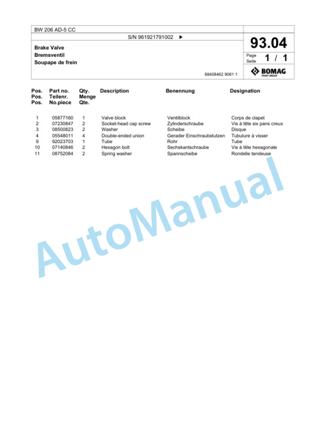 Bomag BW 206 AD-5 CC Tandem Vibratory Roller Spare Parts Catalogue 00827117 3 Bomag BW 206 AD-5 CC Tandem Vibratory Roller Spare Parts Catalogue 00827117-3