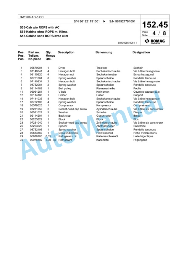 Bomag BW 206 AD-5 CC Tandem Vibratory Roller Spare Parts Catalogue 00827117 5 Bomag BW 206 AD-5 CC Tandem Vibratory Roller Spare Parts Catalogue 00827117-5