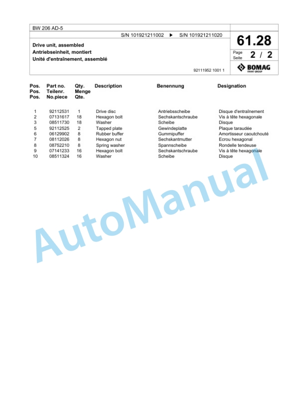 Bomag BW 206 AD-5 Tandem Vibratory Roller Spare Parts Catalogue 00824283 2 Bomag BW 206 AD-5 Tandem Vibratory Roller Spare Parts Catalogue 00824283-2
