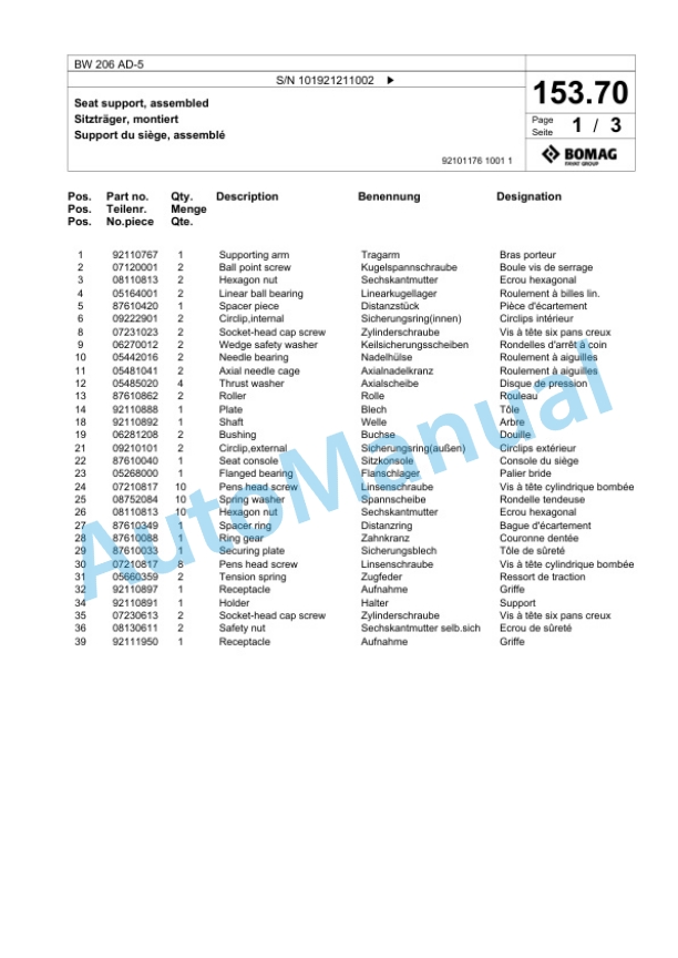 Bomag BW 206 AD-5 Tandem Vibratory Roller Spare Parts Catalogue 00824283 5 Bomag BW 206 AD-5 Tandem Vibratory Roller Spare Parts Catalogue 00824283-5