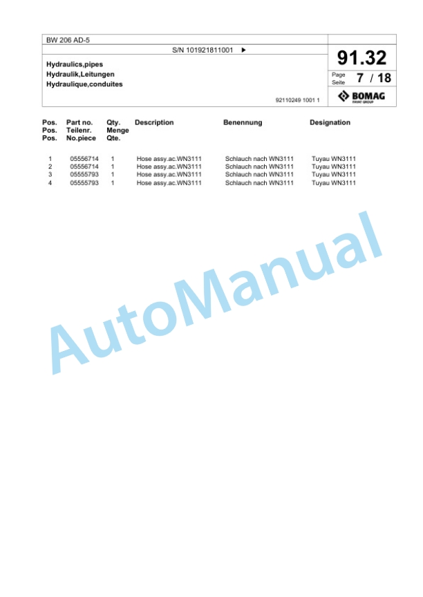 Bomag BW 206 AD-5 Tandem Vibratory Roller Spare Parts Catalogue 00825967 2 Bomag BW 206 AD-5 Tandem Vibratory Roller Spare Parts Catalogue 00825967-2