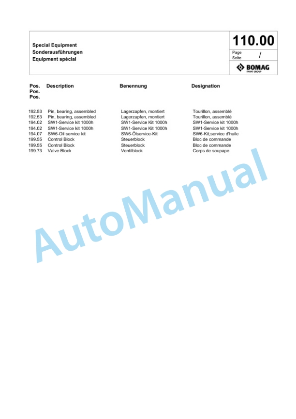 Bomag BW 206 ADO-5 Tandem Vibratory Roller Spare Parts Catalogue 00824601 3 Bomag BW 206 ADO-5 Tandem Vibratory Roller Spare Parts Catalogue 00824601-3