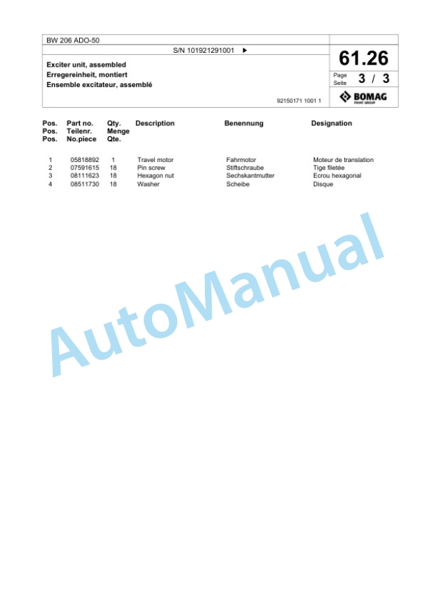 Bomag BW 206 ADO-50 Tandem Vibratory Roller Spare Parts Catalogue 00826103 2 Bomag BW 206 ADO-50 Tandem Vibratory Roller Spare Parts Catalogue 00826103-2