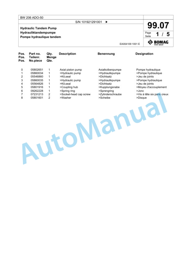 Bomag BW 206 ADO-50 Tandem Vibratory Roller Spare Parts Catalogue 00826103 3 Bomag BW 206 ADO-50 Tandem Vibratory Roller Spare Parts Catalogue 00826103-3