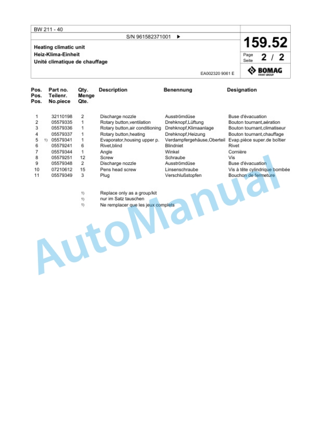Bomag BW 211 - 40 Single Drum Wheel Drive Vibratory Roller Spare Parts Catalogue 00826697 5 Bomag BW 211 - 40 Single Drum Wheel Drive Vibratory Roller Spare Parts Catalogue 00826697-5