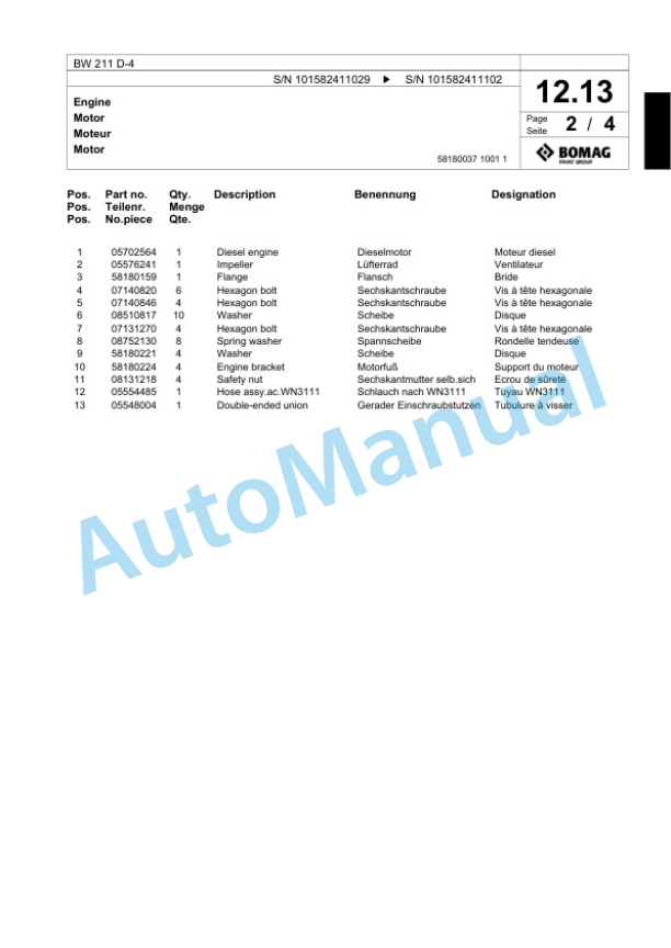 Bomag BW 211 D-4 Single Drum Wheel Drive Vibratory Roller Spare Parts Catalogue 00817771 2 Bomag BW 211 D-4 Single Drum Wheel Drive Vibratory Roller Spare Parts Catalogue 00817771-2