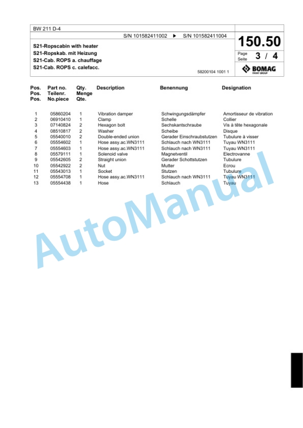 Bomag BW 211 D-4 Single Drum Wheel Drive Vibratory Roller Spare Parts Catalogue 00817771 5 Bomag BW 211 D-4 Single Drum Wheel Drive Vibratory Roller Spare Parts Catalogue 00817771-5