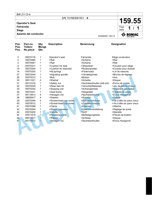 Bomag BW 211 D-4 Single Drum Wheel Drive Vibratory Roller Spare Parts Catalogue 00824389-5