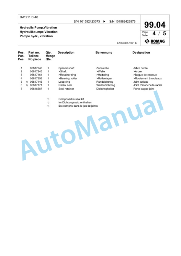 Bomag BW 211 D-40 Single Drum Wheel Drive Vibratory Roller Spare Parts Catalogue 00817941 2 Bomag BW 211 D-40 Single Drum Wheel Drive Vibratory Roller Spare Parts Catalogue 00817941-2