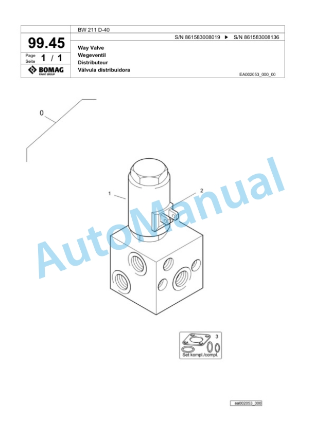 Bomag BW 211 D-40 Single Drum Wheel Drive Vibratory Roller Spare Parts Catalogue 00818371 4 Bomag BW 211 D-40 Single Drum Wheel Drive Vibratory Roller Spare Parts Catalogue 00818371-4