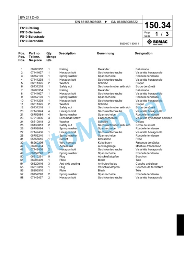 Bomag BW 211 D-40 Single Drum Wheel Drive Vibratory Roller Spare Parts Catalogue 00818371 5 Bomag BW 211 D-40 Single Drum Wheel Drive Vibratory Roller Spare Parts Catalogue 00818371-5