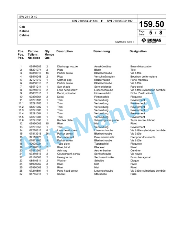 Bomag BW 211 D-40 Single Drum Wheel Drive Vibratory Roller Spare Parts Catalogue 00818391 5 Bomag BW 211 D-40 Single Drum Wheel Drive Vibratory Roller Spare Parts Catalogue 00818391-5