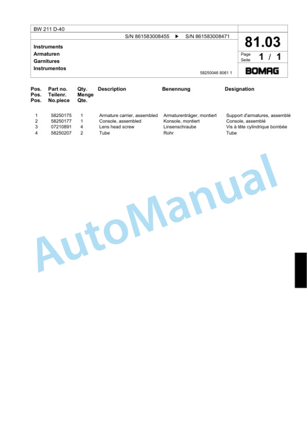 Bomag BW 211 D-40 Single Drum Wheel Drive Vibratory Roller Spare Parts Catalogue 00818875 3 Bomag BW 211 D-40 Single Drum Wheel Drive Vibratory Roller Spare Parts Catalogue 00818875-3