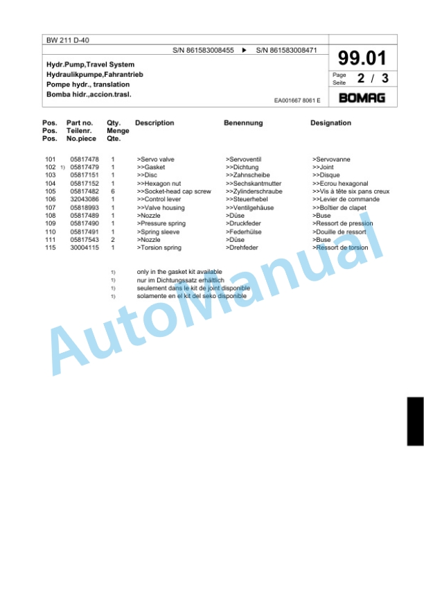 Bomag BW 211 D-40 Single Drum Wheel Drive Vibratory Roller Spare Parts Catalogue 00818875 4 Bomag BW 211 D-40 Single Drum Wheel Drive Vibratory Roller Spare Parts Catalogue 00818875-4