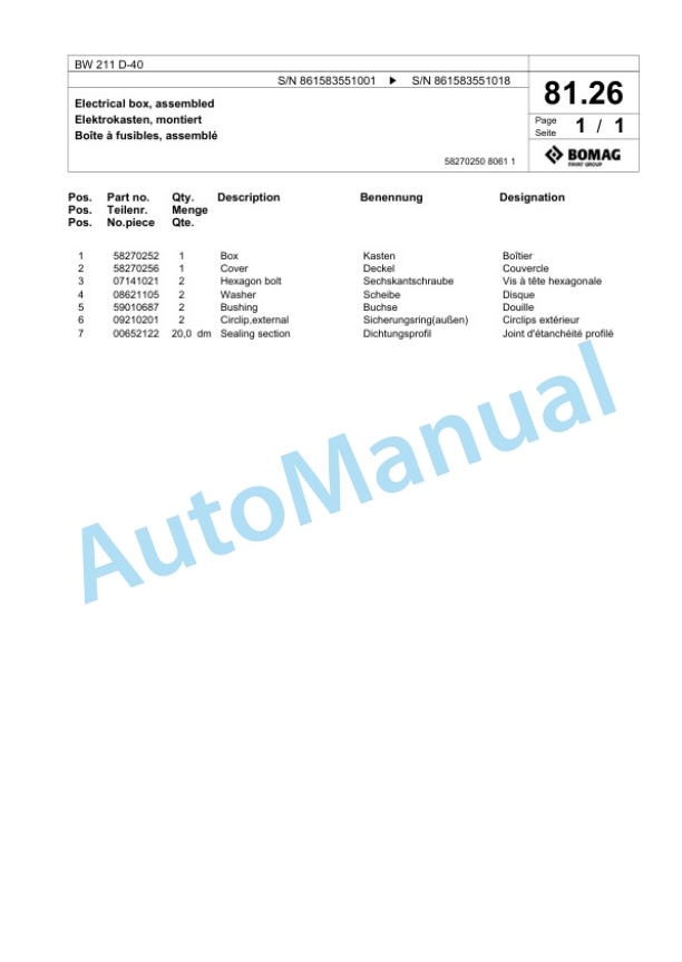 Bomag BW 211 D-40 Single Drum Wheel Drive Vibratory Roller Spare Parts Catalogue 00824269 3 Bomag BW 211 D-40 Single Drum Wheel Drive Vibratory Roller Spare Parts Catalogue 00824269-3