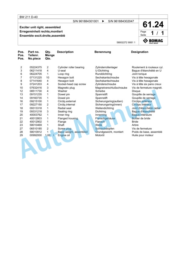 Bomag BW 211 D-40 Single Drum Wheel Drive Vibratory Roller Spare Parts Catalogue 00825955 2 Bomag BW 211 D-40 Single Drum Wheel Drive Vibratory Roller Spare Parts Catalogue 00825955-2