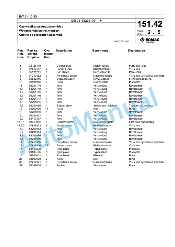 Bomag BW 211 D-40 Single Drum Wheel Drive Vibratory Roller Spare Parts Catalogue 00826369 3 Bomag BW 211 D-40 Single Drum Wheel Drive Vibratory Roller Spare Parts Catalogue 00826369-3