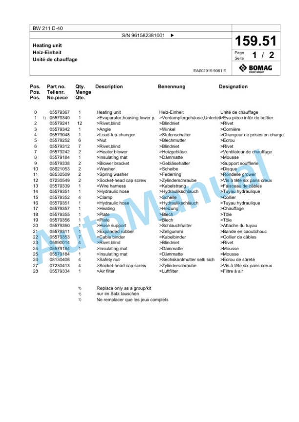 Bomag BW 211 D-40 Single Drum Wheel Drive Vibratory Roller Spare Parts Catalogue 00826369 5 Bomag BW 211 D-40 Single Drum Wheel Drive Vibratory Roller Spare Parts Catalogue 00826369-5