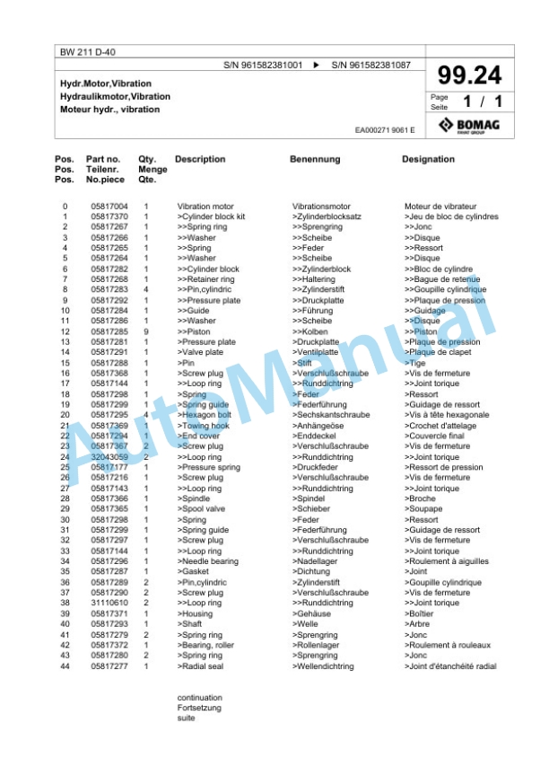 Bomag BW 211 D-40 Single Drum Wheel Drive Vibratory Roller Spare Parts Catalogue 00826699 2 Bomag BW 211 D-40 Single Drum Wheel Drive Vibratory Roller Spare Parts Catalogue 00826699-2