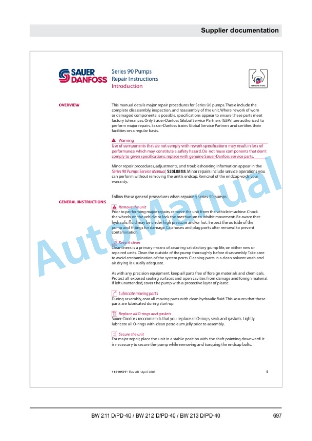 Bomag BW 211 D-40 to BW 213 PD-40 Single Drum Roller Service Manual 00840190 2 Bomag BW 211 D-40 to BW 213 PD-40 Single Drum Roller Service Manual 00840190 - Image 2