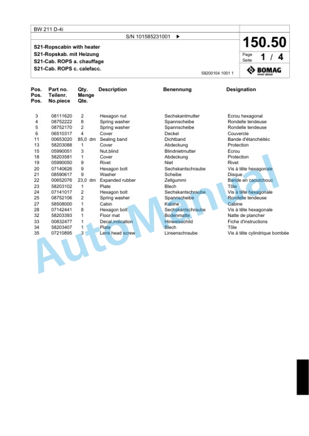 Bomag BW 211 D-4i Single Drum Wheel Drive Vibratory Roller Spare Parts Catalogue 00824667 3 Bomag BW 211 D-4i Single Drum Wheel Drive Vibratory Roller Spare Parts Catalogue 00824667-3