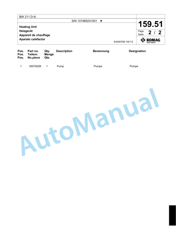 Bomag BW 211 D-4i Single Drum Wheel Drive Vibratory Roller Spare Parts Catalogue 00824667 4 Bomag BW 211 D-4i Single Drum Wheel Drive Vibratory Roller Spare Parts Catalogue 00824667-4