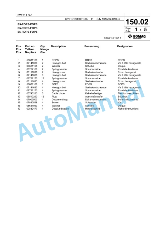 Bomag BW 211 D-5 Single Drum Wheel Drive Vibratory Roller Spare Parts Catalogue 00824571 3 Bomag BW 211 D-5 Single Drum Wheel Drive Vibratory Roller Spare Parts Catalogue 00824571-3