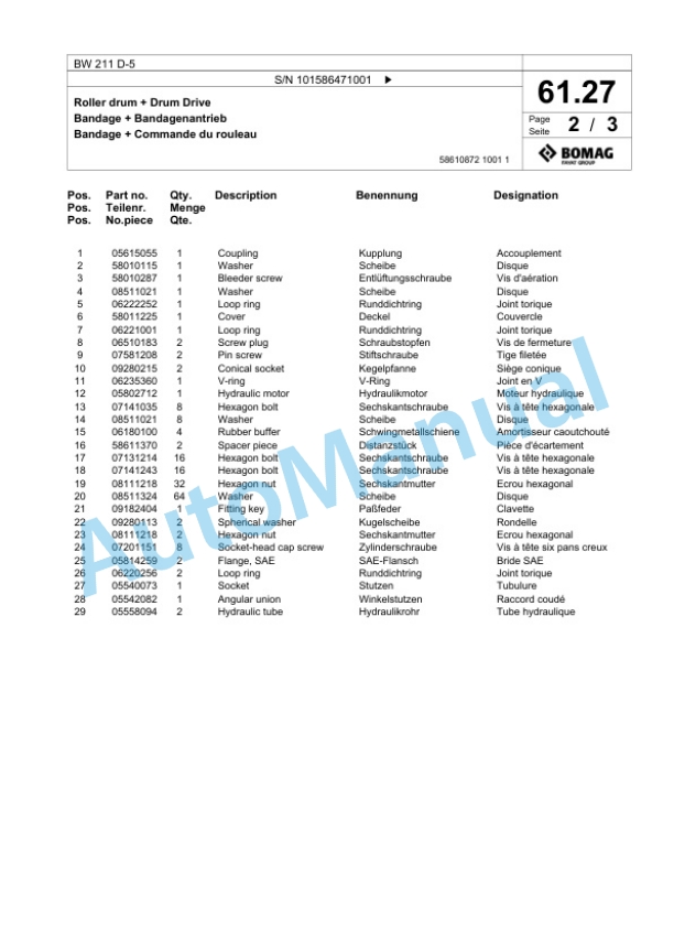 Bomag BW 211 D-5 Single Drum Wheel Drive Vibratory Roller Spare Parts Catalogue 00824859 2 Bomag BW 211 D-5 Single Drum Wheel Drive Vibratory Roller Spare Parts Catalogue 00824859-2