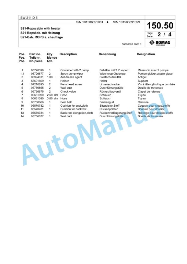 Bomag BW 211 D-5 Single Drum Wheel Drive Vibratory Roller Spare Parts Catalogue 00825241 3 Bomag BW 211 D-5 Single Drum Wheel Drive Vibratory Roller Spare Parts Catalogue 00825241-3