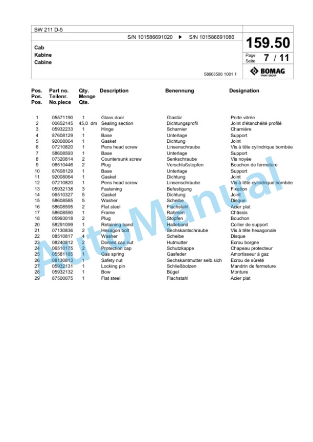 Bomag BW 211 D-5 Single Drum Wheel Drive Vibratory Roller Spare Parts Catalogue 00825241 5 Bomag BW 211 D-5 Single Drum Wheel Drive Vibratory Roller Spare Parts Catalogue 00825241-5