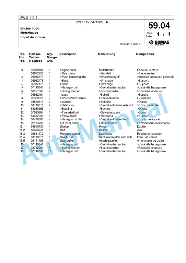 Bomag BW 211 D-5 Single Drum Wheel Drive Vibratory Roller Spare Parts Catalogue 00826261 2 Bomag BW 211 D-5 Single Drum Wheel Drive Vibratory Roller Spare Parts Catalogue 00826261-2